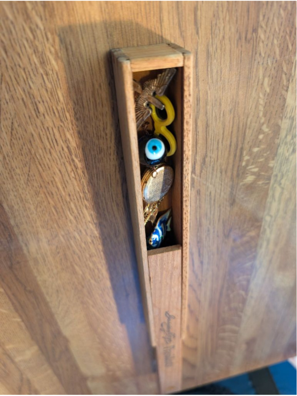 Wooden slide Box with trinkets inside